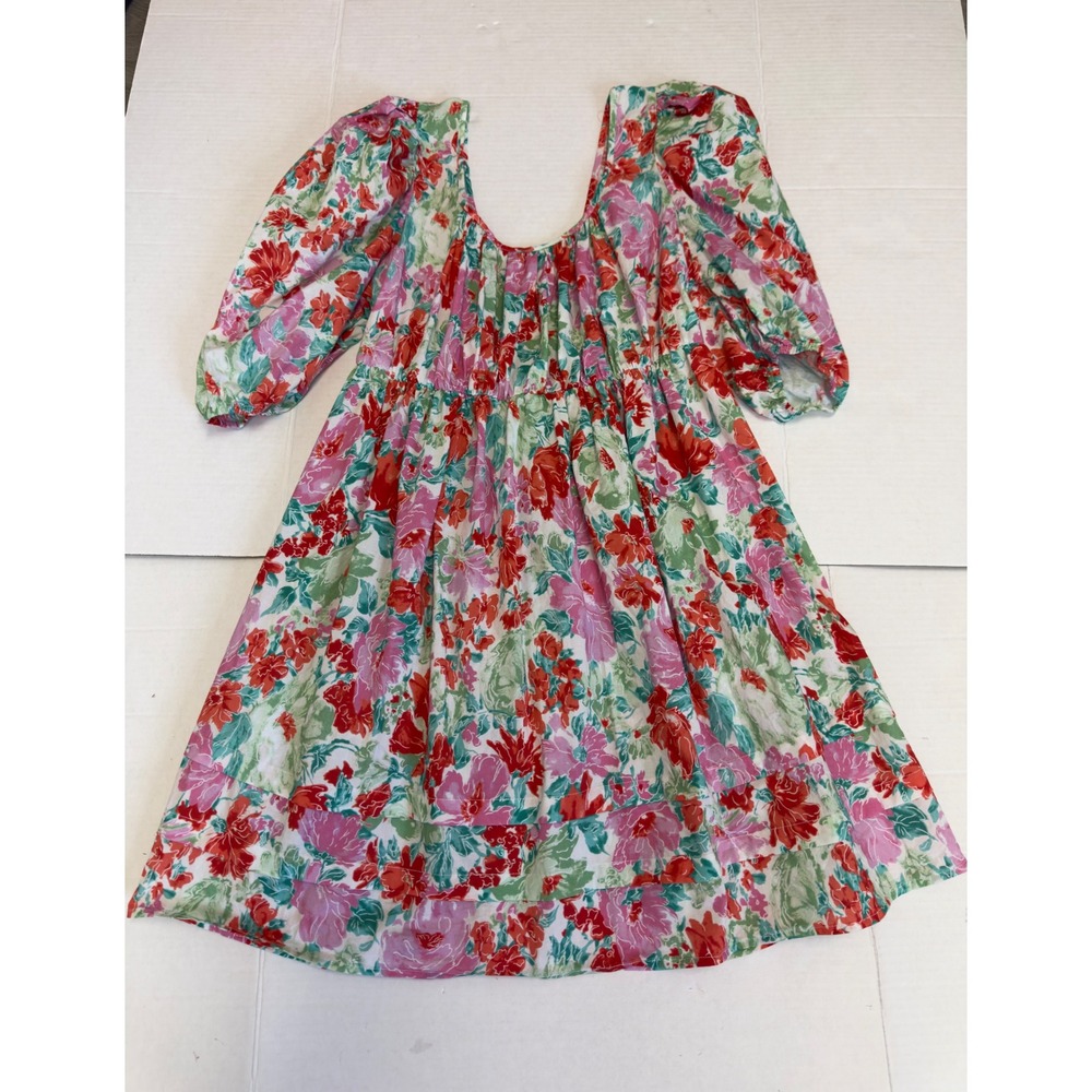 Floral‎ Puff Sleeve Cotton Mini Dress Pink Red Green L Praire Romantic Cottage - Picture 4 of 9
